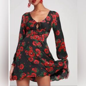 Free People | Boho Black & Red Polka Dot Flare Dress | Size 0